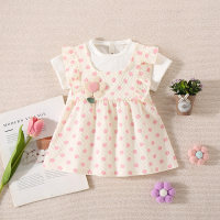 Girls summer new three-dimensional flower polka dot short-sleeved dress  Pink