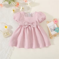 Girls' bow solid color dress cute and sweet puff sleeve princess dress  Pink