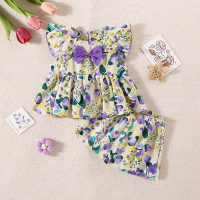 New summer floral bow flying sleeves two-piece suit  Multicolor