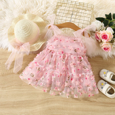 Summer new style girls three-dimensional peach blossom sweet suspender mesh fluffy princess dress comes with hat