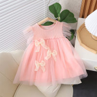 Summer new bowknot stylish baby girl fluffy yarn children's princess dress  Pink
