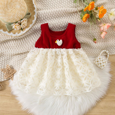 Summer new girls dress little duck solid color sleeveless pattern stitching mesh princess dress