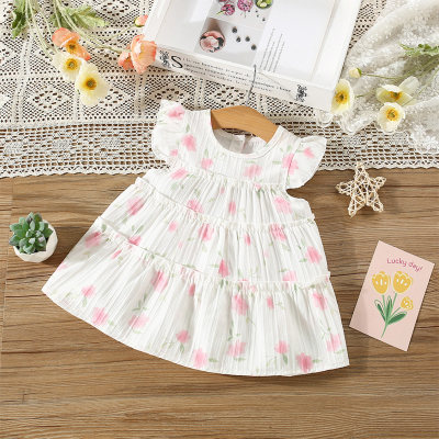 Novo vestido de verão para meninas com pequenas flores e mangas voadoras