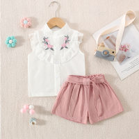 New summer girls' stand collar single breasted rose sleeveless shorts two piece suit  Pink