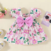 Girls summer dress sweet printed floral puff sleeves cotton skirt with big butterfly on the back  Pink