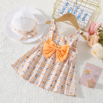 Novo vestido suspensor de laço xadrez cereja para meninas de verão com chapéu