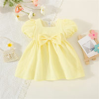 Girls' bow solid color dress cute and sweet puff sleeve princess dress  Yellow