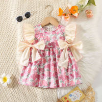 Girls summer printed dress with waist tie and bow and small flying sleeves skirt  Pink