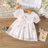 New summer style full body embroidered butterfly twilight cloud yarn short sleeve dress  Pink