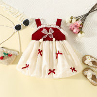 New summer girls Korean style five bow straps twilight yarn dress  Red