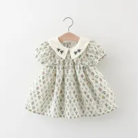Summer new style embroidered flower lapel cotton skirt girls Korean short-sleeved dress  Green