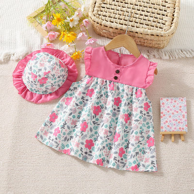 New summer girls floral patchwork dress with hat