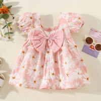 Girls' dress with sweet little chrysanthemum puff sleeves, princess dress with invisible zipper and bow at the back  Pink