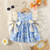 Girls summer printed dress with waist tie and bow and small flying sleeves skirt  Blue