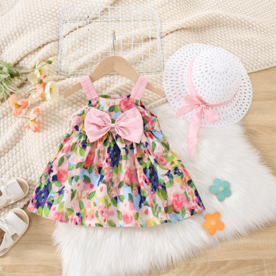 Nuevo vestido con tirantes y lazo de flores para niñas de verano con sombrero