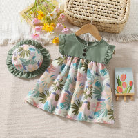 New summer girls floral patchwork dress with hat  Green
