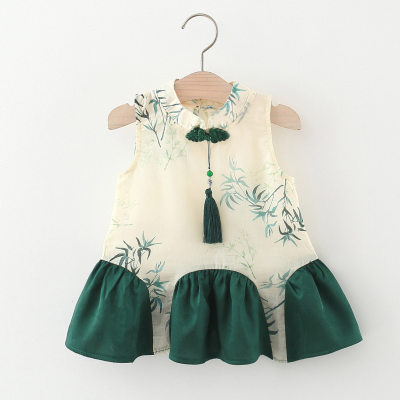 New Girls Summer Chinese Style Bamboo Print Tassel Sleeveless Improved Hanfu Dress