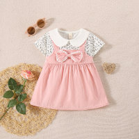 Summer Korean style girls' bow printed lapel patchwork short-sleeved skirt  Pink
