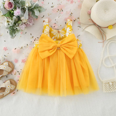 Summer Girls' Korean Style Chrysanthemum Splicing Mesh Suspender Skirt with Big Bow