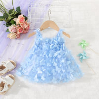 Verão novo estilo meninas doce cor sólida borboleta estilingue malha tule vestido de princesa  Azul