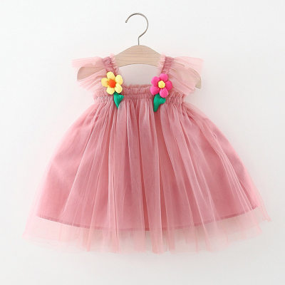 Girls dress suspender solid color mesh flower princess dress