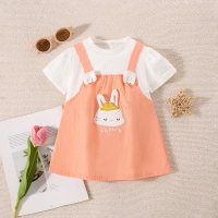 Girls summer new cartoon rabbit patchwork short-sleeved overalls skirt  Orange