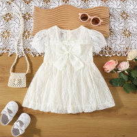 Summer new bow lace short sleeve solid color princess dress  White