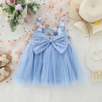 Falda con tirantes de malla con costura de crisantemo, estilo coreano, lazo grande, verano para niñas  Azul
