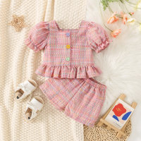 Summer new style girls plaid flying sleeves single-breasted bubble short-sleeved suit top + shorts  Red