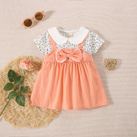 Summer Korean style girls' bow printed lapel patchwork short-sleeved skirt  Orange