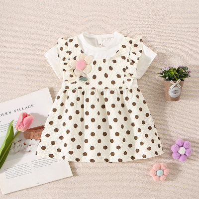 Girls summer new three-dimensional flower small polka dot short-sleeved dress