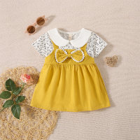 Summer Korean style girls' bow printed lapel patchwork short-sleeved skirt  Yellow