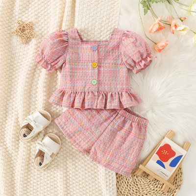Summer new style girls plaid flying sleeves single-breasted bubble short-sleeved suit top + shorts