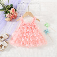 Summer new style girls sweet solid color butterfly sling mesh tulle princess dress  Pink