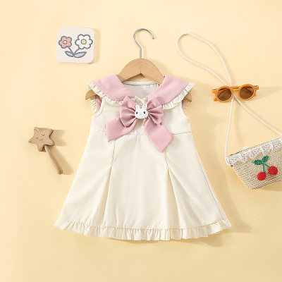 Verão novo estilo meninas gola marinha estilo coreano coelho arco vestido de princesa