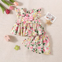 New summer floral bow flying sleeves two-piece suit  Multicolor
