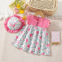 New summer girls floral patchwork dress with hat  Hot Pink