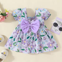 Girls summer dress sweet printed floral puff sleeves cotton skirt with big butterfly on the back  Purple