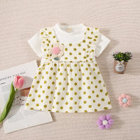 Girls summer new three-dimensional flower polka dot short-sleeved dress  Green
