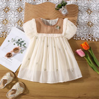 Summer new collar small bow mesh embroidered skirt  Taupe