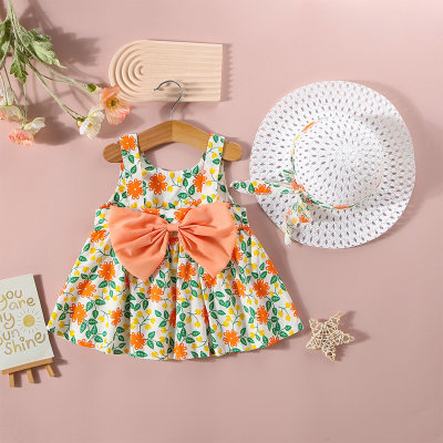 Summer new bow Korean style small flower suspender skirt with hat