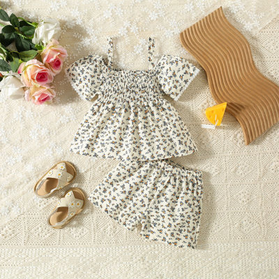 New summer girls suit floral shoulder strap bubble short-sleeved top + short-sleeved two-piece suit