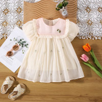 Summer new collar small bow mesh embroidered skirt  Pink