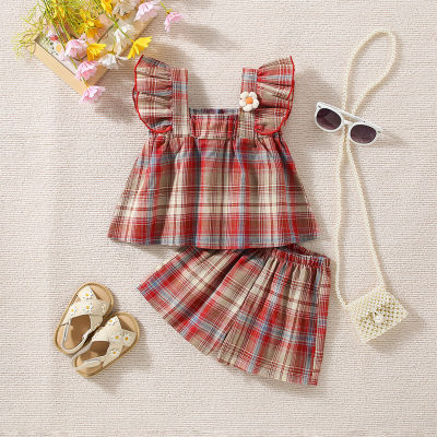 New summer girls plaid one flower flying sleeves two-piece suit