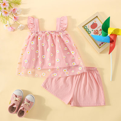 New summer baby girl Korean style small daisy flying sleeve top shorts two-piece set