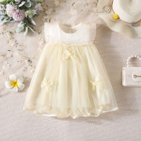Girls spring dress thin solid color bow stitching gauze skirt  White