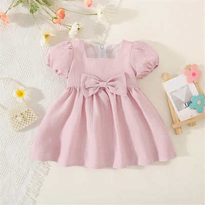 Girls' bow solid color dress cute and sweet puff sleeve princess dress