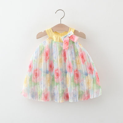 Summer new round collar bow rainbow pleated skirt
