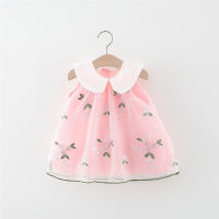 Girls Summer Dress Sleeveless Mesh Embroidered Fashion Princess Dress  Pink