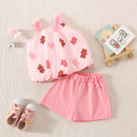 Girls summer new style cute suspender shorts cartoon bear print two-piece set  Pink
